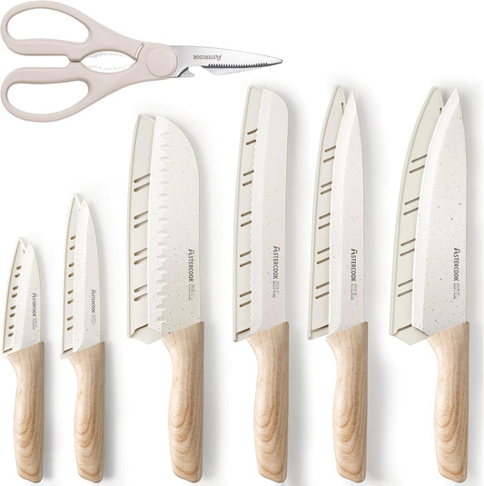 Knife Set, 13 Pieces Kitchen Knives Set with Ceramic Coating, Stainless Steel Chef Knife Sets with 6 Blade Guards, Dishwasher Safe Knives with Wood Grain Handle, Elegant White