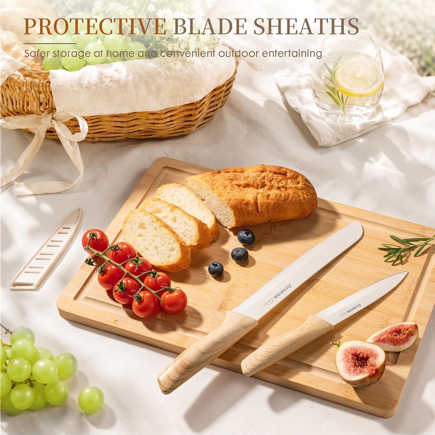 Knife Set, 13 Pieces Kitchen Knives Set with Ceramic Coating, Stainless Steel Chef Knife Sets with 6 Blade Guards, Dishwasher Safe Knives with Wood Grain Handle, Elegant White