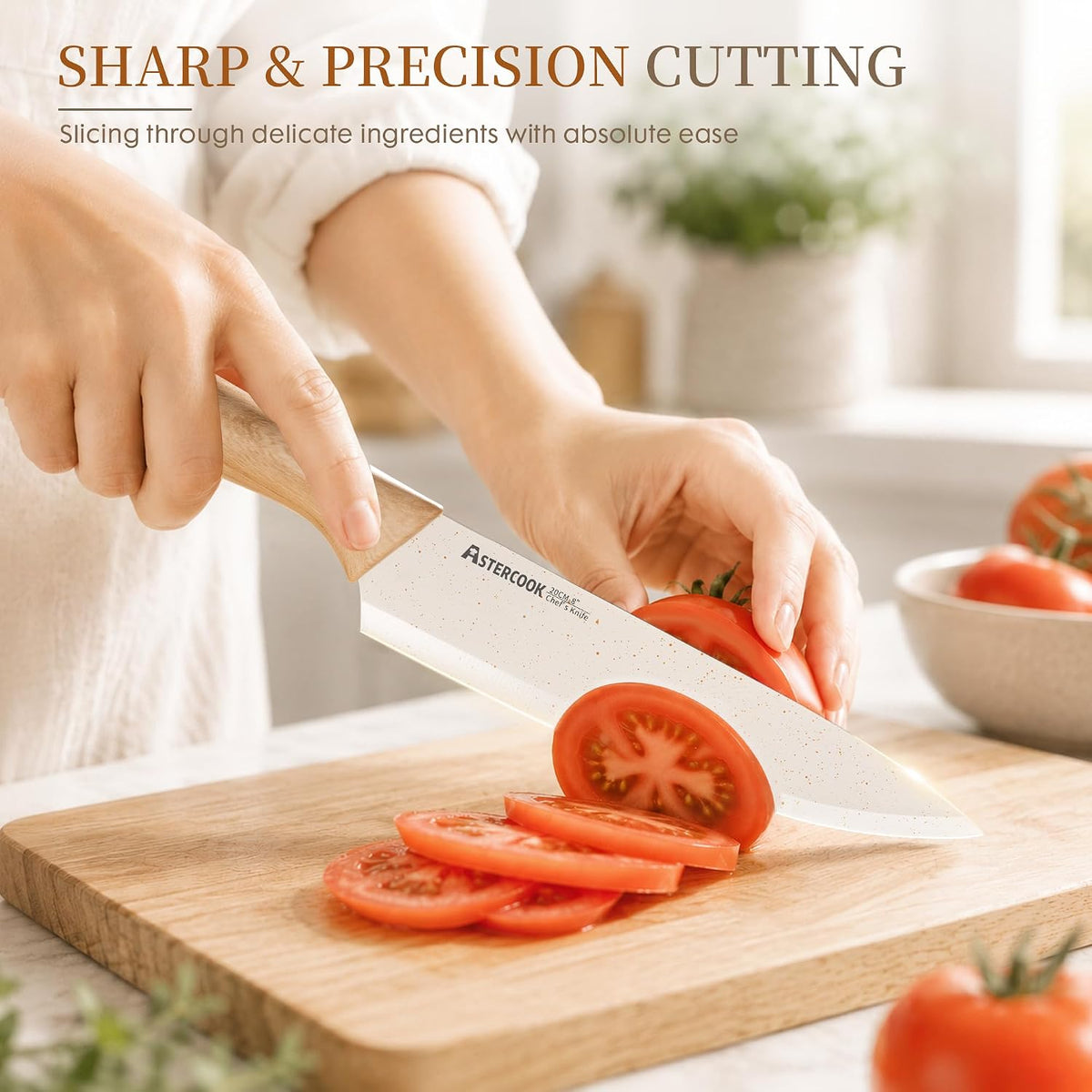 Knife Set, 13 Pieces Kitchen Knives Set with Ceramic Coating, Stainless Steel Chef Knife Sets with 6 Blade Guards, Dishwasher Safe Knives with Wood Grain Handle, Elegant White