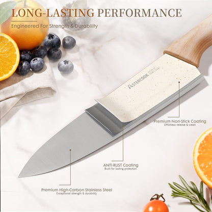 Knife Set, 13 Pieces Kitchen Knives Set with Ceramic Coating, Stainless Steel Chef Knife Sets with 6 Blade Guards, Dishwasher Safe Knives with Wood Grain Handle, Elegant White