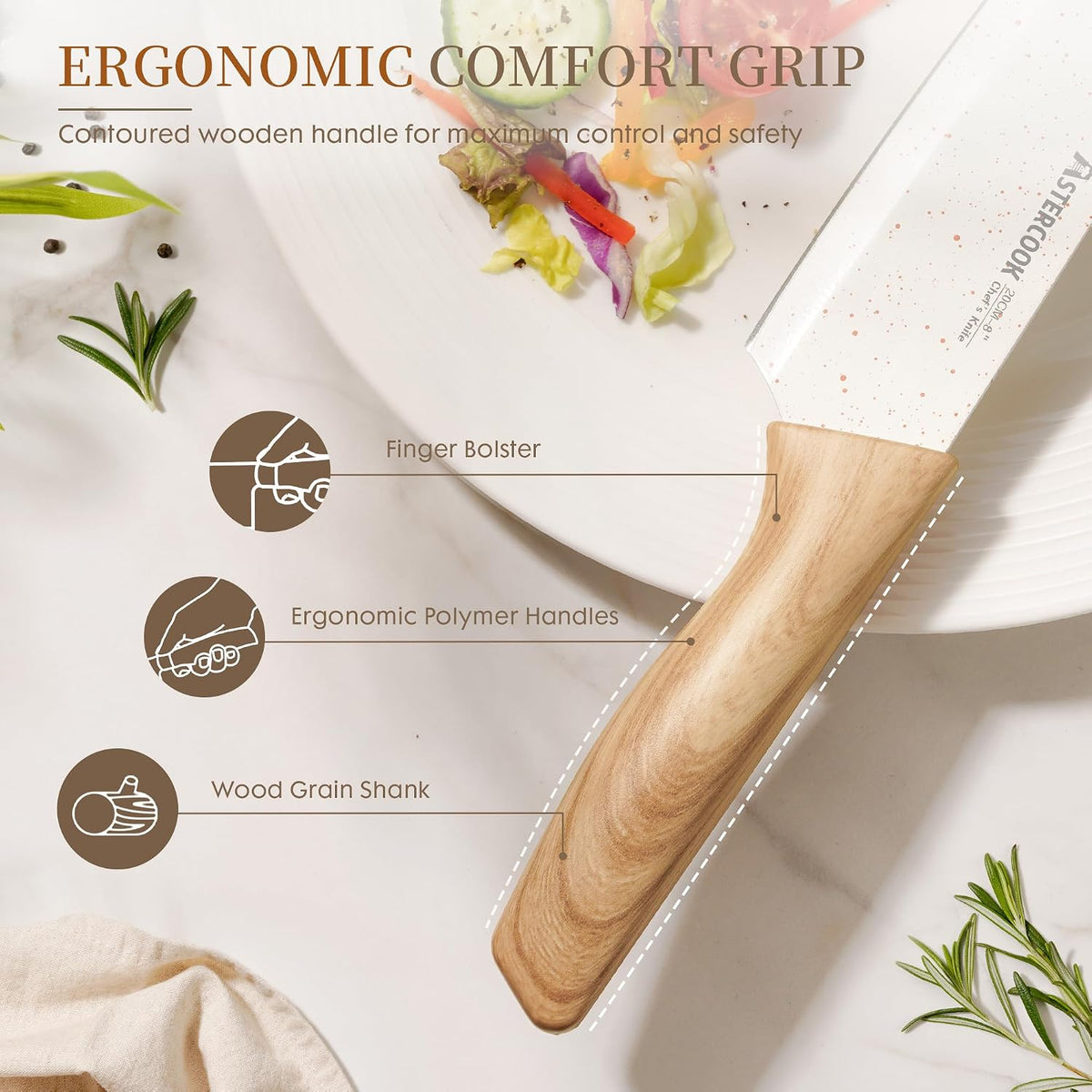 Knife Set, 13 Pieces Kitchen Knives Set with Ceramic Coating, Stainless Steel Chef Knife Sets with 6 Blade Guards, Dishwasher Safe Knives with Wood Grain Handle, Elegant White