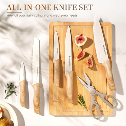 Knife Set, 13 Pieces Kitchen Knives Set with Ceramic Coating, Stainless Steel Chef Knife Sets with 6 Blade Guards, Dishwasher Safe Knives with Wood Grain Handle, Elegant White