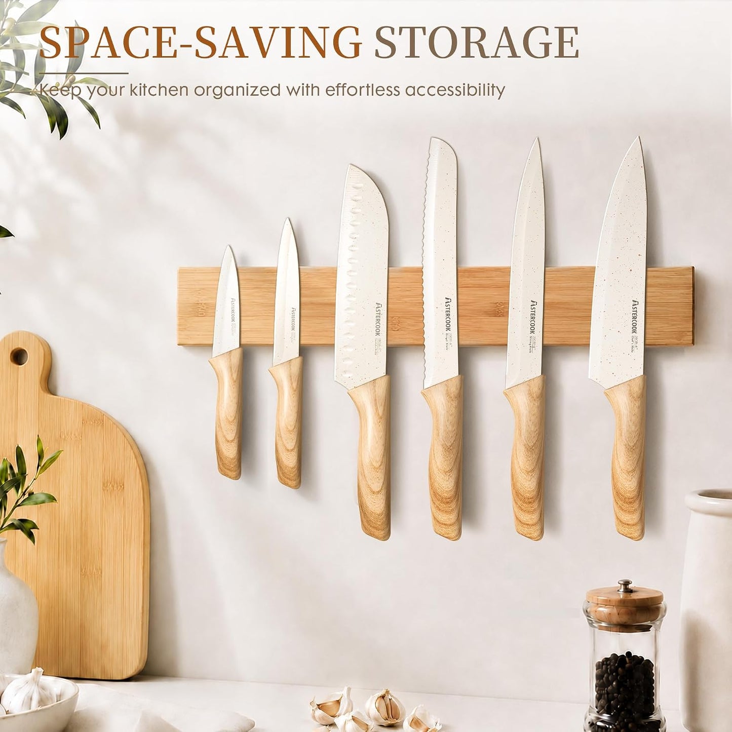 Knife Set, 13 Pieces Kitchen Knives Set with Ceramic Coating, Stainless Steel Chef Knife Sets with 6 Blade Guards, Dishwasher Safe Knives with Wood Grain Handle, Elegant White