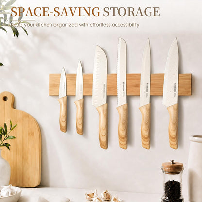 Knife Set, 13 Pieces Kitchen Knives Set with Ceramic Coating, Stainless Steel Chef Knife Sets with 6 Blade Guards, Dishwasher Safe Knives with Wood Grain Handle, Elegant White