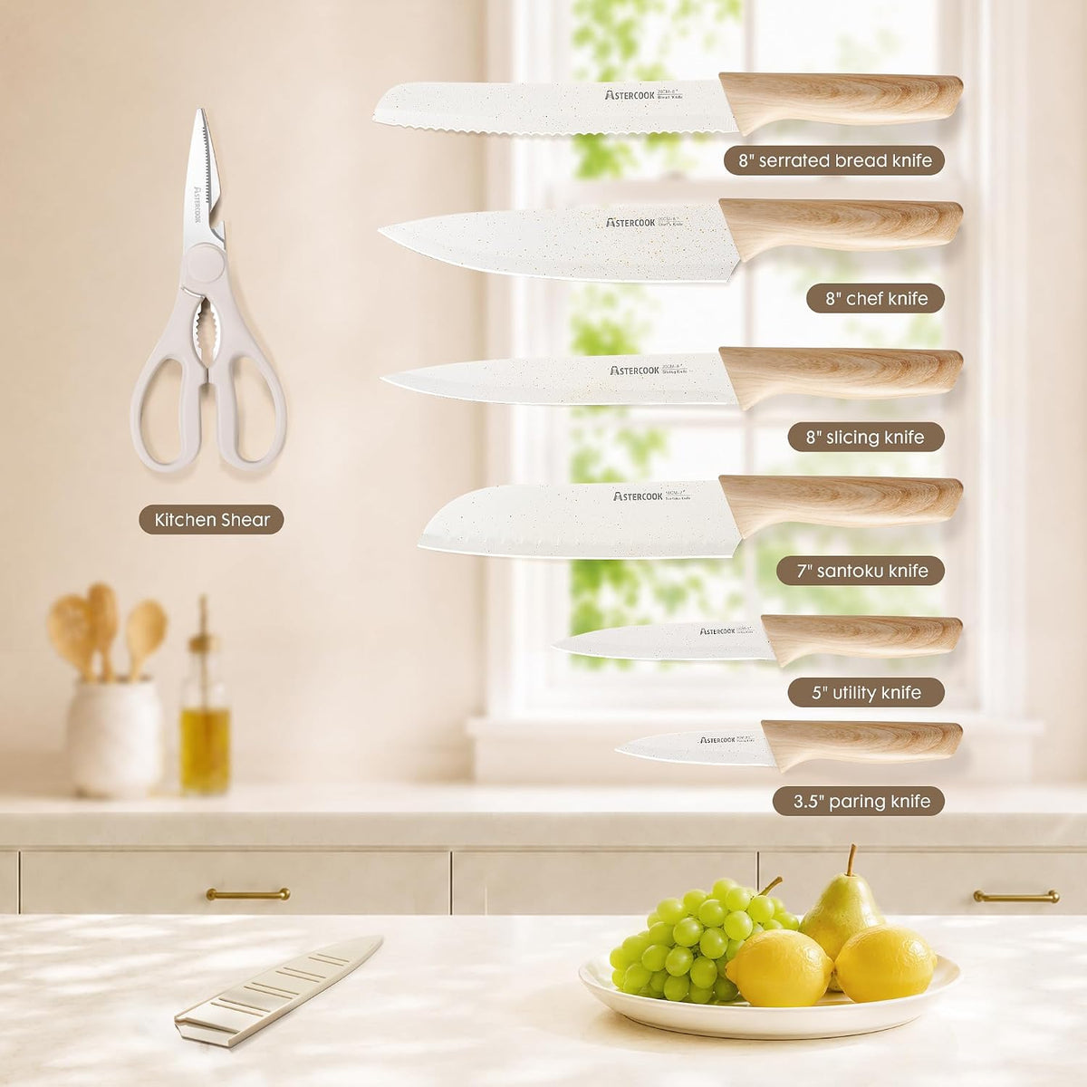 Knife Set, 13 Pieces Kitchen Knives Set with Ceramic Coating, Stainless Steel Chef Knife Sets with 6 Blade Guards, Dishwasher Safe Knives with Wood Grain Handle, Elegant White