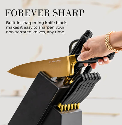Black and Gold Knife Set with Block and Sharpener – 14-Piece Full Tang Golden Knives with Self-Sharpening Knife Block – Gold Kitchen Accessories for Cooking and Prepping; Ideal for Gifting