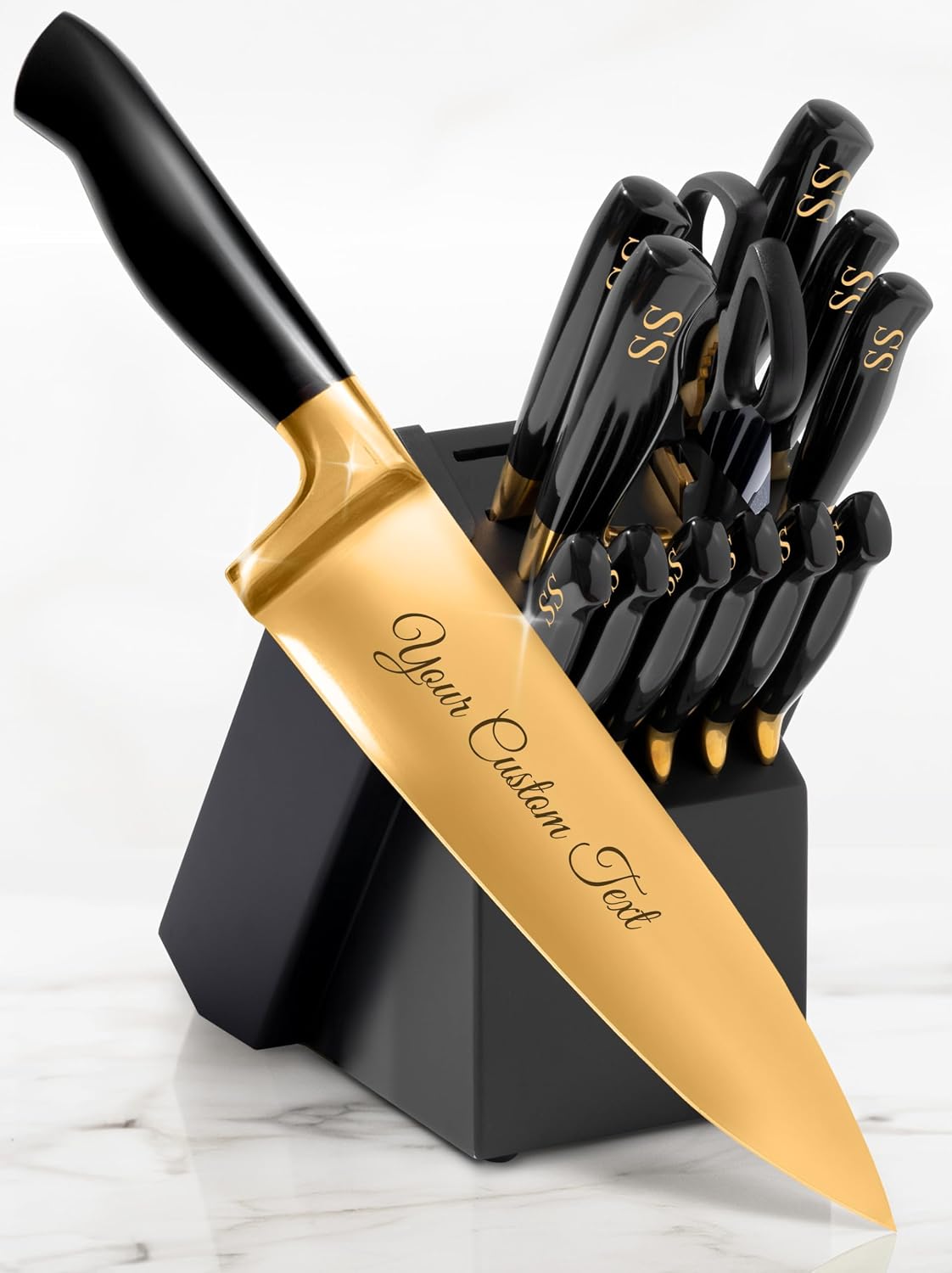 Black and Gold Knife Set with Block and Sharpener – 14-Piece Full Tang Golden Knives with Self-Sharpening Knife Block – Gold Kitchen Accessories for Cooking and Prepping; Ideal for Gifting