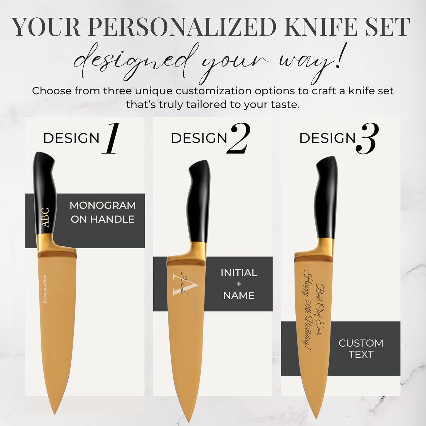 Black and Gold Knife Set with Block and Sharpener – 14-Piece Full Tang Golden Knives with Self-Sharpening Knife Block – Gold Kitchen Accessories for Cooking and Prepping; Ideal for Gifting