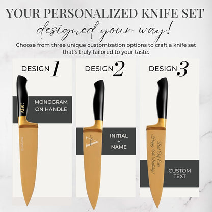 Black and Gold Knife Set with Block and Sharpener – 14-Piece Full Tang Golden Knives with Self-Sharpening Knife Block – Gold Kitchen Accessories for Cooking and Prepping; Ideal for Gifting