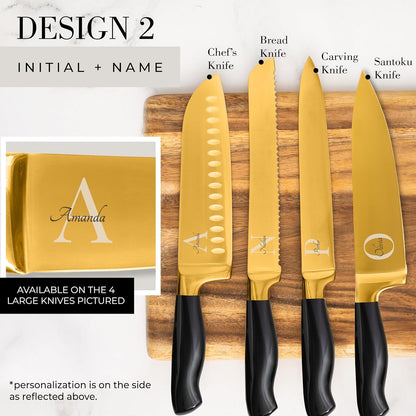Black and Gold Knife Set with Block and Sharpener – 14-Piece Full Tang Golden Knives with Self-Sharpening Knife Block – Gold Kitchen Accessories for Cooking and Prepping; Ideal for Gifting