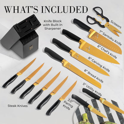 Black and Gold Knife Set with Block and Sharpener – 14-Piece Full Tang Golden Knives with Self-Sharpening Knife Block – Gold Kitchen Accessories for Cooking and Prepping; Ideal for Gifting