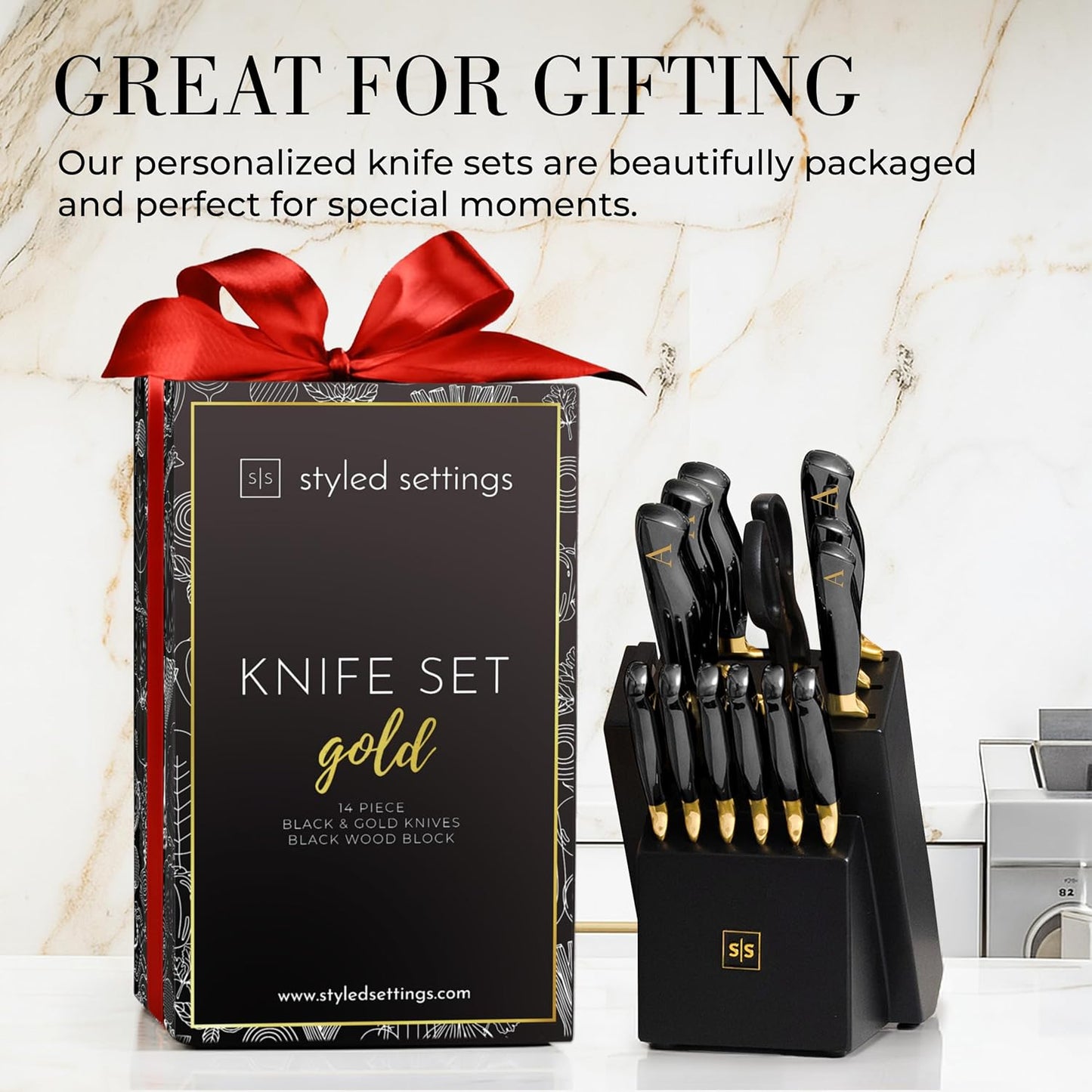 Black and Gold Knife Set with Block and Sharpener – 14-Piece Full Tang Golden Knives with Self-Sharpening Knife Block – Gold Kitchen Accessories for Cooking and Prepping; Ideal for Gifting