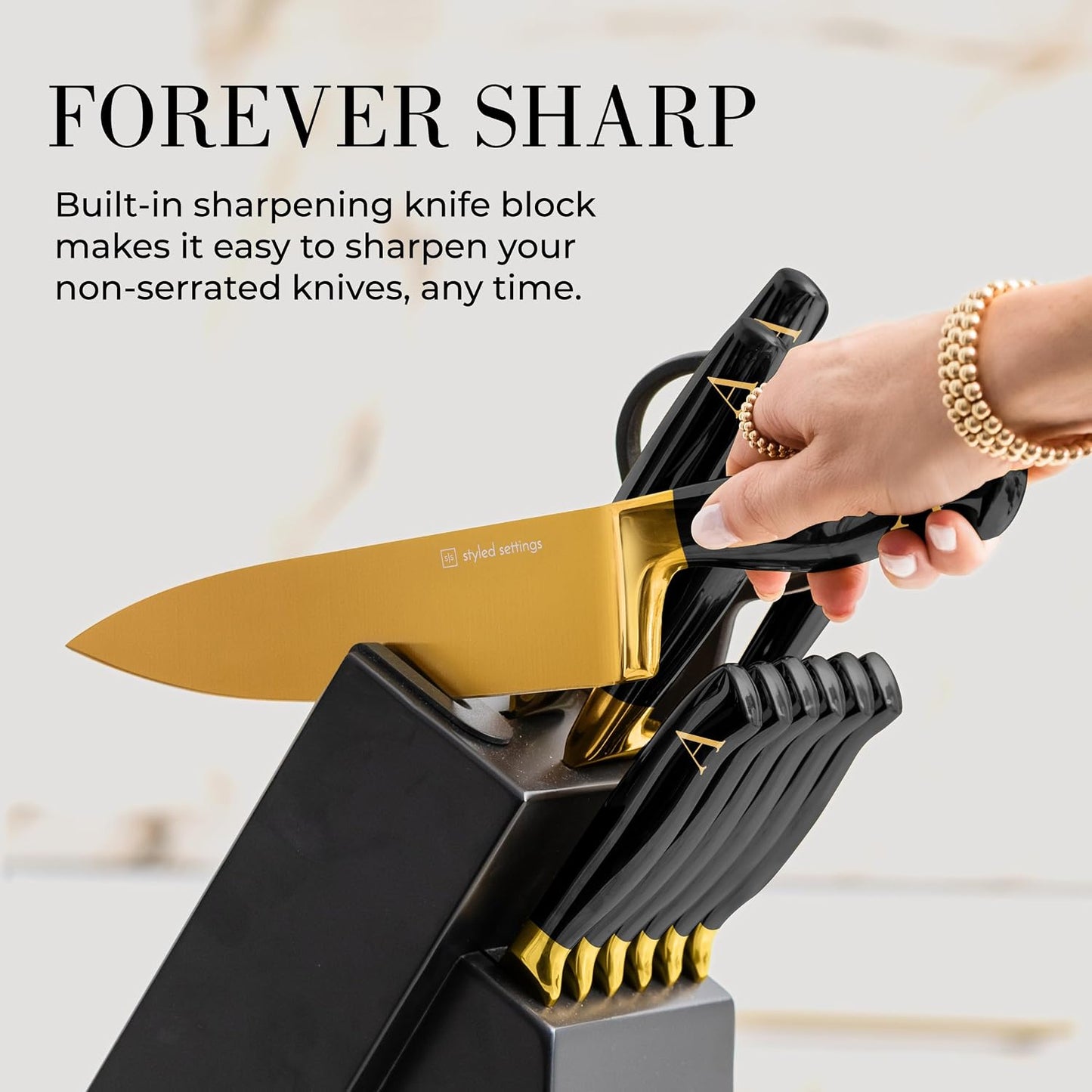 Black and Gold Knife Set with Block and Sharpener – 14-Piece Full Tang Golden Knives with Self-Sharpening Knife Block – Gold Kitchen Accessories for Cooking and Prepping; Ideal for Gifting