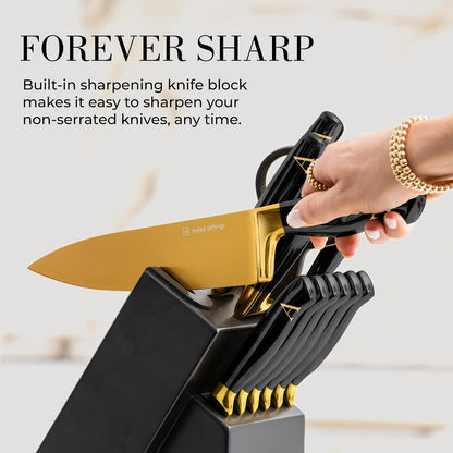 Black and Gold Knife Set with Block and Sharpener – 14-Piece Full Tang Golden Knives with Self-Sharpening Knife Block – Gold Kitchen Accessories for Cooking and Prepping; Ideal for Gifting