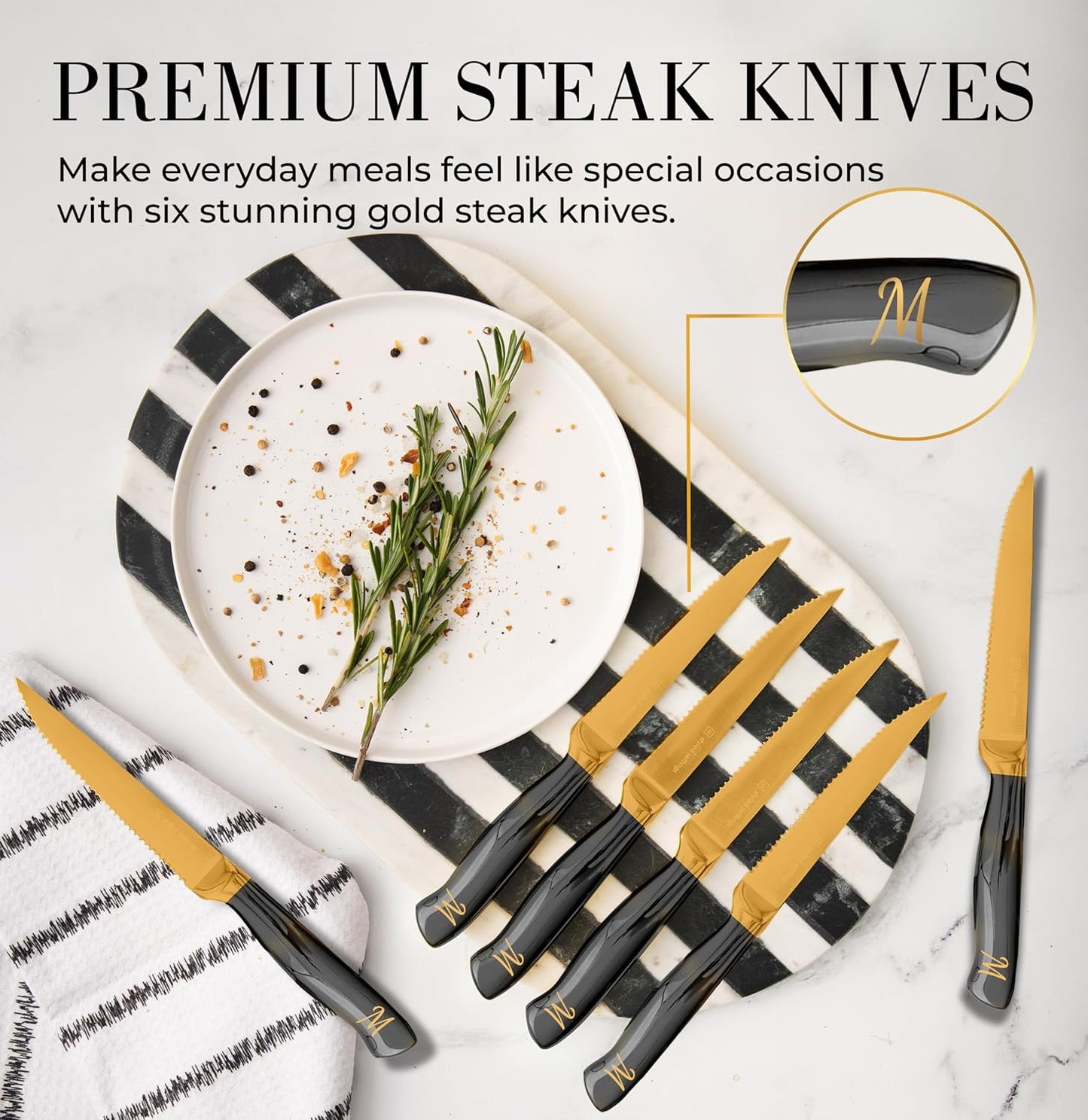 Black and Gold Knife Set with Block and Sharpener – 14-Piece Full Tang Golden Knives with Self-Sharpening Knife Block – Gold Kitchen Accessories for Cooking and Prepping; Ideal for Gifting