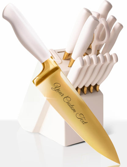 Black and Gold Knife Set with Block and Sharpener – 14-Piece Full Tang Golden Knives with Self-Sharpening Knife Block – Gold Kitchen Accessories for Cooking and Prepping; Ideal for Gifting