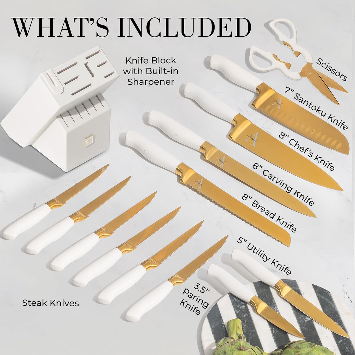 Black and Gold Knife Set with Block and Sharpener – 14-Piece Full Tang Golden Knives with Self-Sharpening Knife Block – Gold Kitchen Accessories for Cooking and Prepping; Ideal for Gifting