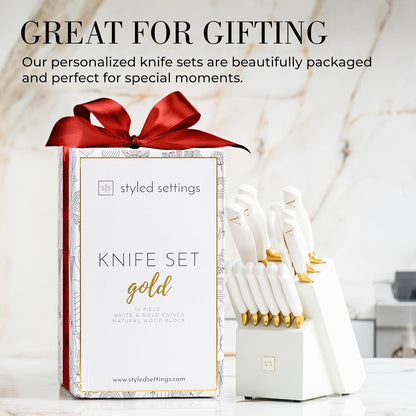 Black and Gold Knife Set with Block and Sharpener – 14-Piece Full Tang Golden Knives with Self-Sharpening Knife Block – Gold Kitchen Accessories for Cooking and Prepping; Ideal for Gifting