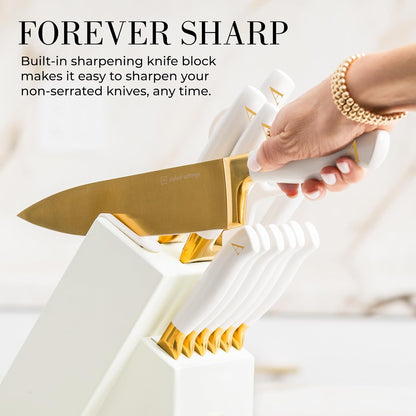 Black and Gold Knife Set with Block and Sharpener – 14-Piece Full Tang Golden Knives with Self-Sharpening Knife Block – Gold Kitchen Accessories for Cooking and Prepping; Ideal for Gifting