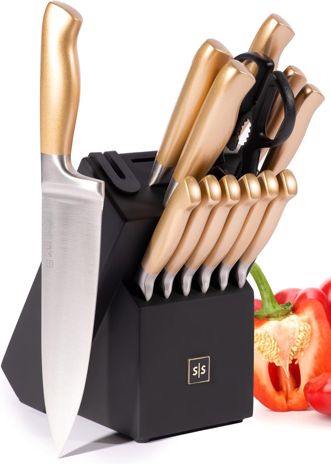 Black and Gold Knife Set with Block and Sharpener – 14-Piece Full Tang Golden Knives with Self-Sharpening Knife Block – Gold Kitchen Accessories for Cooking and Prepping; Ideal for Gifting