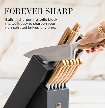 Black and Gold Knife Set with Block and Sharpener – 14-Piece Full Tang Golden Knives with Self-Sharpening Knife Block – Gold Kitchen Accessories for Cooking and Prepping; Ideal for Gifting