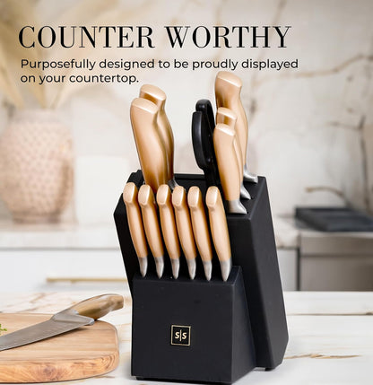 Black and Gold Knife Set with Block and Sharpener – 14-Piece Full Tang Golden Knives with Self-Sharpening Knife Block – Gold Kitchen Accessories for Cooking and Prepping; Ideal for Gifting