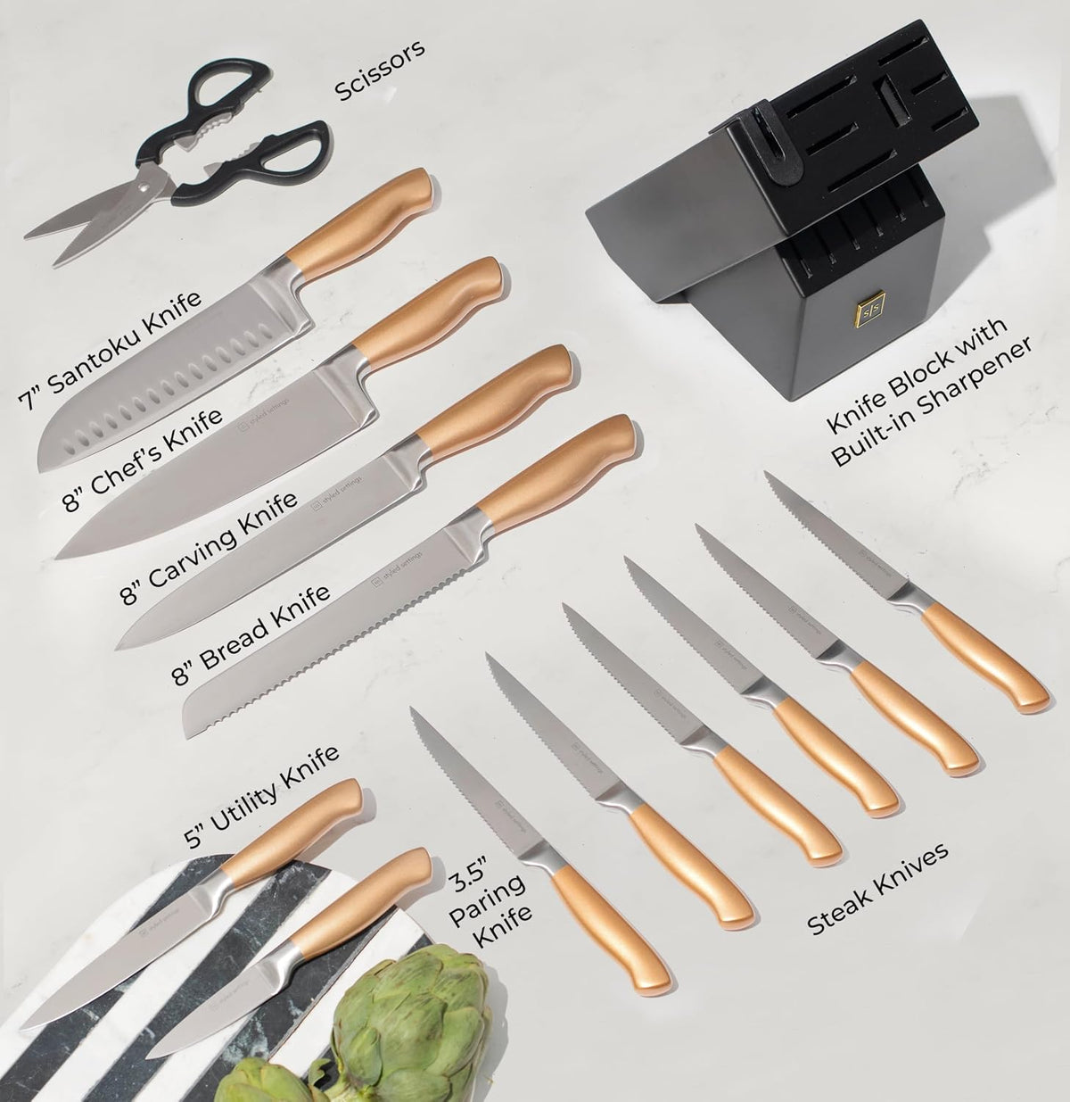 Black and Gold Knife Set with Block and Sharpener – 14-Piece Full Tang Golden Knives with Self-Sharpening Knife Block – Gold Kitchen Accessories for Cooking and Prepping; Ideal for Gifting