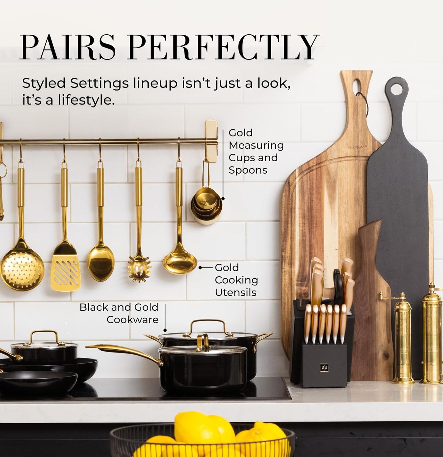 Black and Gold Knife Set with Block and Sharpener – 14-Piece Full Tang Golden Knives with Self-Sharpening Knife Block – Gold Kitchen Accessories for Cooking and Prepping; Ideal for Gifting