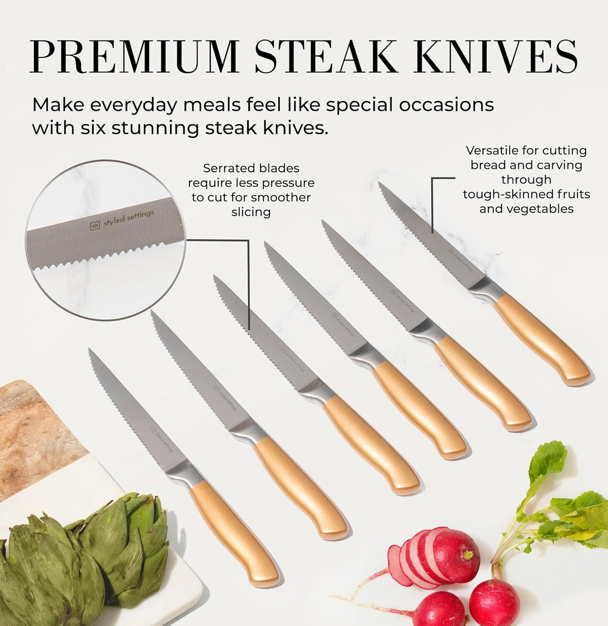 Black and Gold Knife Set with Block and Sharpener – 14-Piece Full Tang Golden Knives with Self-Sharpening Knife Block – Gold Kitchen Accessories for Cooking and Prepping; Ideal for Gifting