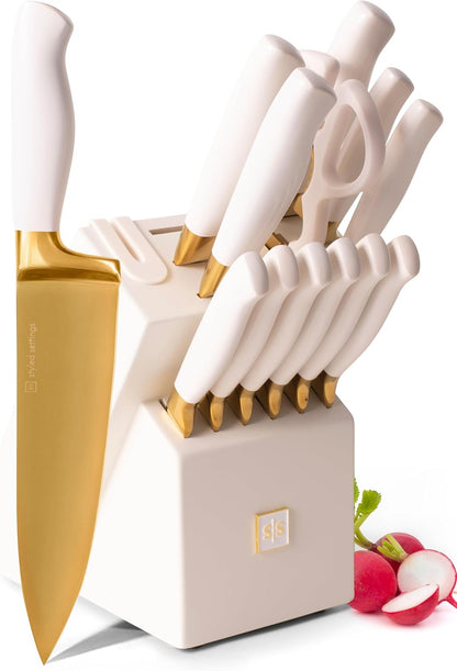 Black and Gold Knife Set with Block and Sharpener – 14-Piece Full Tang Golden Knives with Self-Sharpening Knife Block – Gold Kitchen Accessories for Cooking and Prepping; Ideal for Gifting
