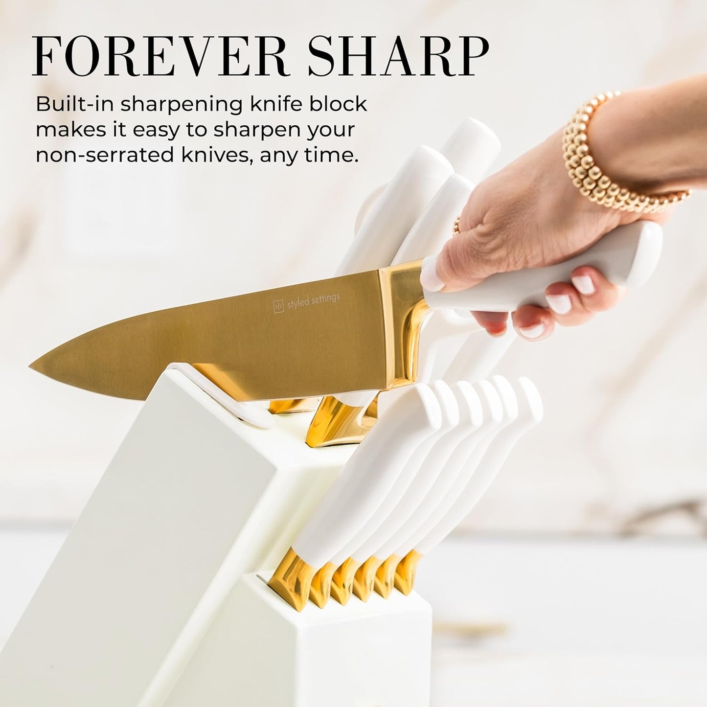 Black and Gold Knife Set with Block and Sharpener – 14-Piece Full Tang Golden Knives with Self-Sharpening Knife Block – Gold Kitchen Accessories for Cooking and Prepping; Ideal for Gifting
