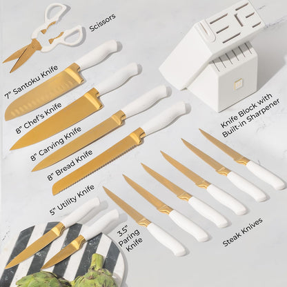 Black and Gold Knife Set with Block and Sharpener – 14-Piece Full Tang Golden Knives with Self-Sharpening Knife Block – Gold Kitchen Accessories for Cooking and Prepping; Ideal for Gifting