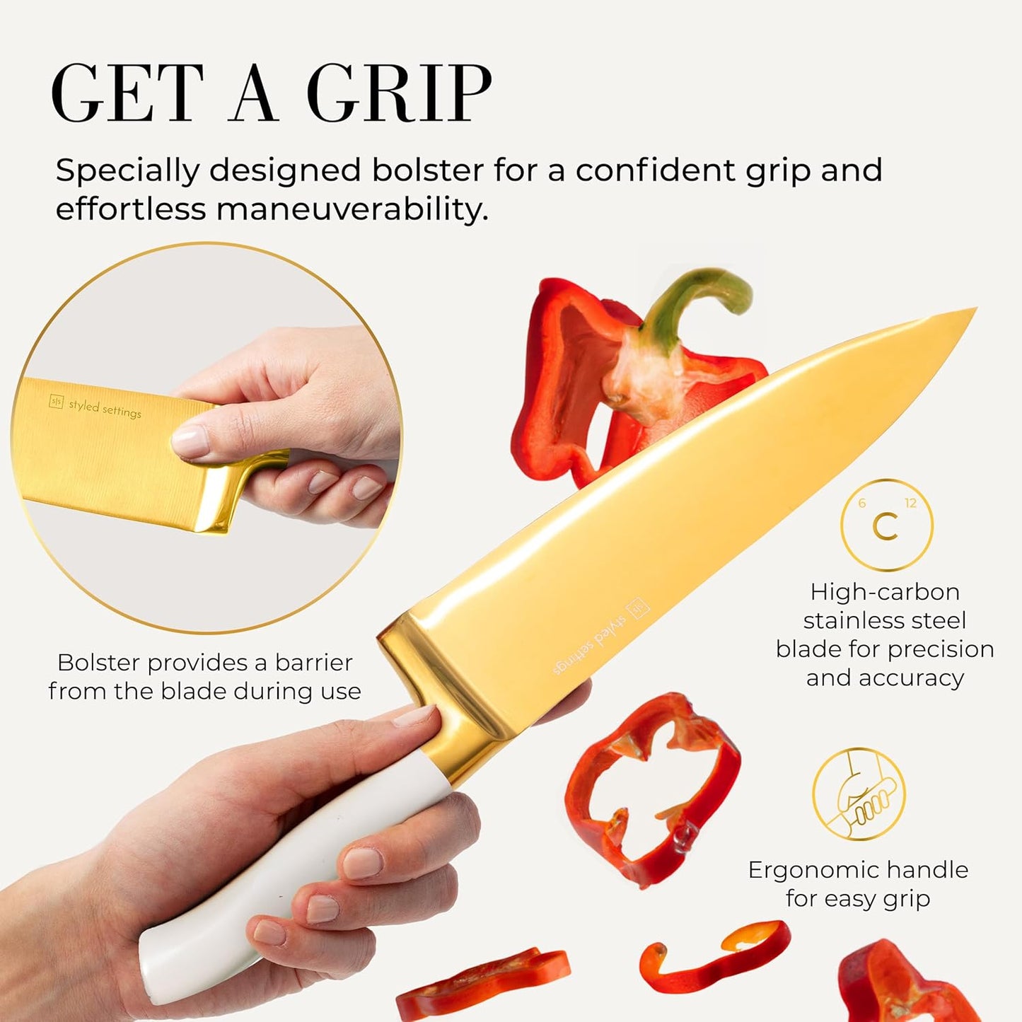 Black and Gold Knife Set with Block and Sharpener – 14-Piece Full Tang Golden Knives with Self-Sharpening Knife Block – Gold Kitchen Accessories for Cooking and Prepping; Ideal for Gifting