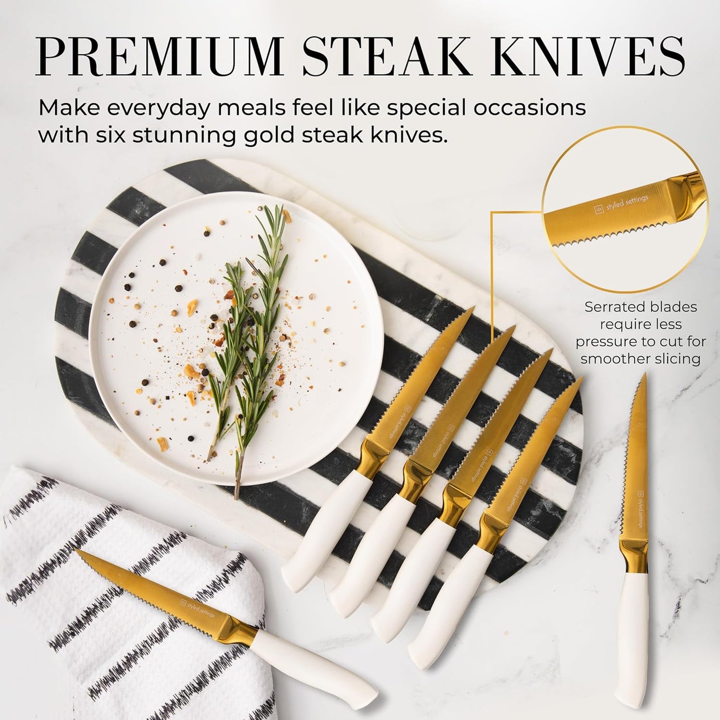 Black and Gold Knife Set with Block and Sharpener – 14-Piece Full Tang Golden Knives with Self-Sharpening Knife Block – Gold Kitchen Accessories for Cooking and Prepping; Ideal for Gifting