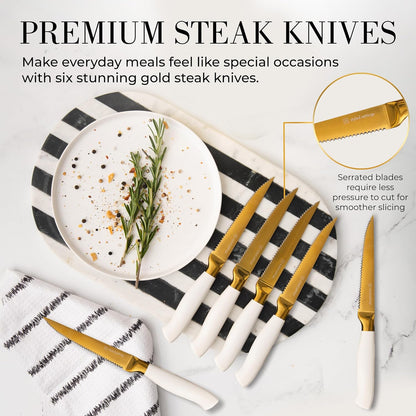 Black and Gold Knife Set with Block and Sharpener – 14-Piece Full Tang Golden Knives with Self-Sharpening Knife Block – Gold Kitchen Accessories for Cooking and Prepping; Ideal for Gifting