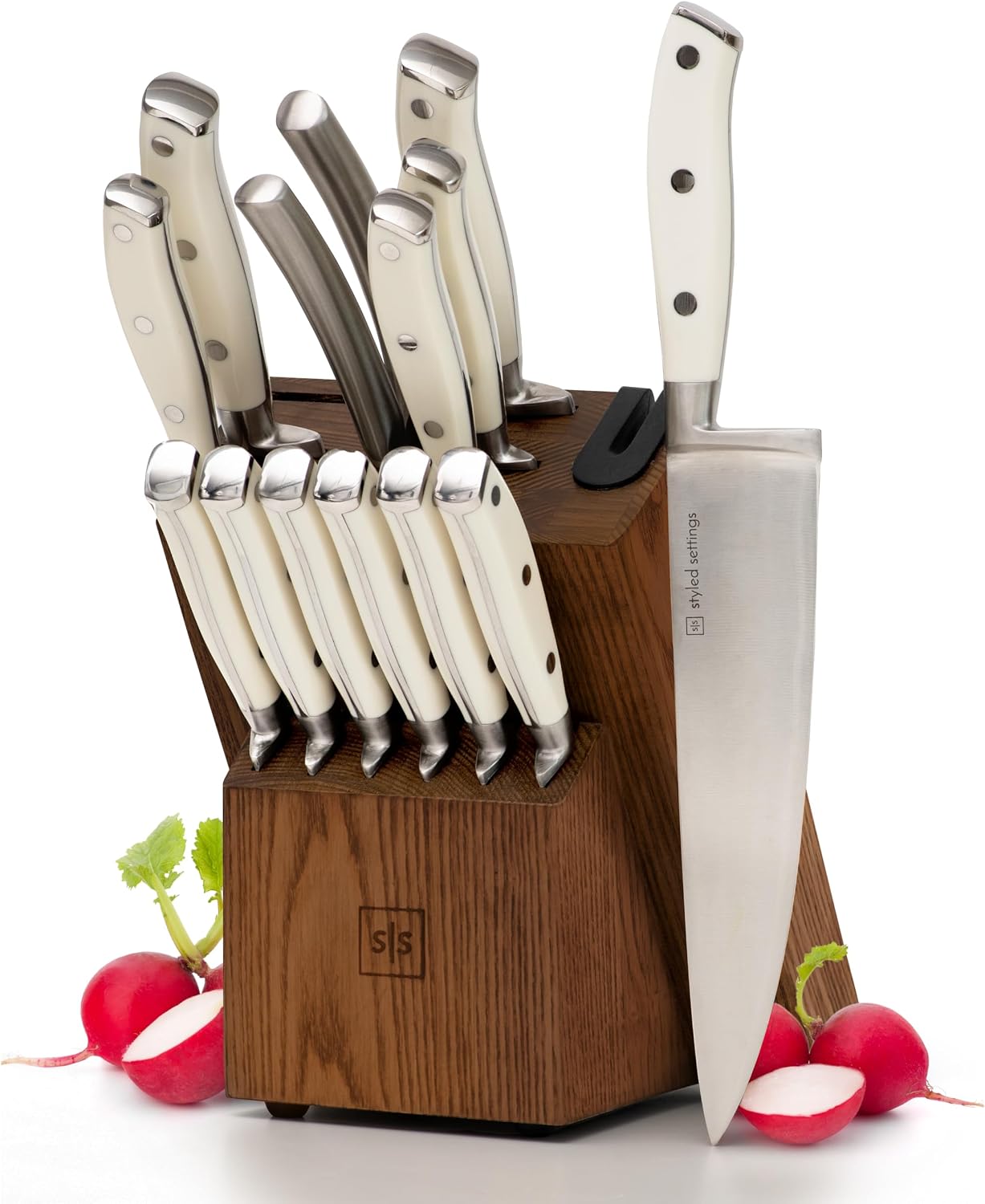 Black and Gold Knife Set with Block and Sharpener – 14-Piece Full Tang Golden Knives with Self-Sharpening Knife Block – Gold Kitchen Accessories for Cooking and Prepping; Ideal for Gifting