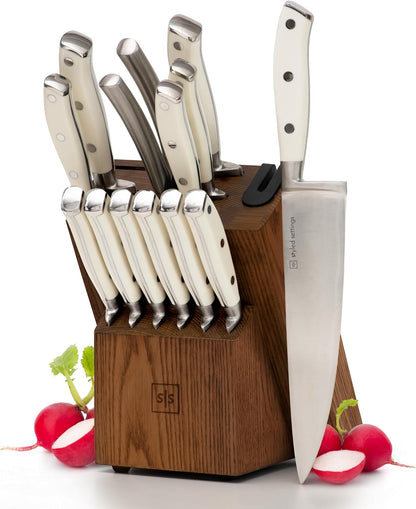 Black and Gold Knife Set with Block and Sharpener – 14-Piece Full Tang Golden Knives with Self-Sharpening Knife Block – Gold Kitchen Accessories for Cooking and Prepping; Ideal for Gifting