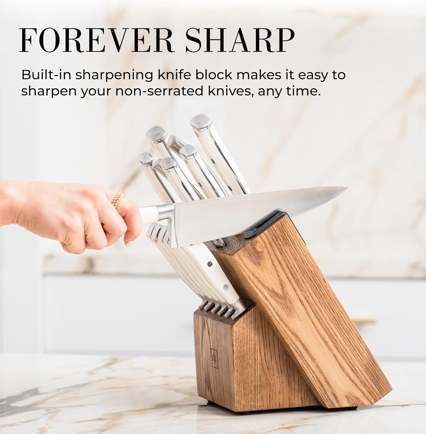 Black and Gold Knife Set with Block and Sharpener – 14-Piece Full Tang Golden Knives with Self-Sharpening Knife Block – Gold Kitchen Accessories for Cooking and Prepping; Ideal for Gifting