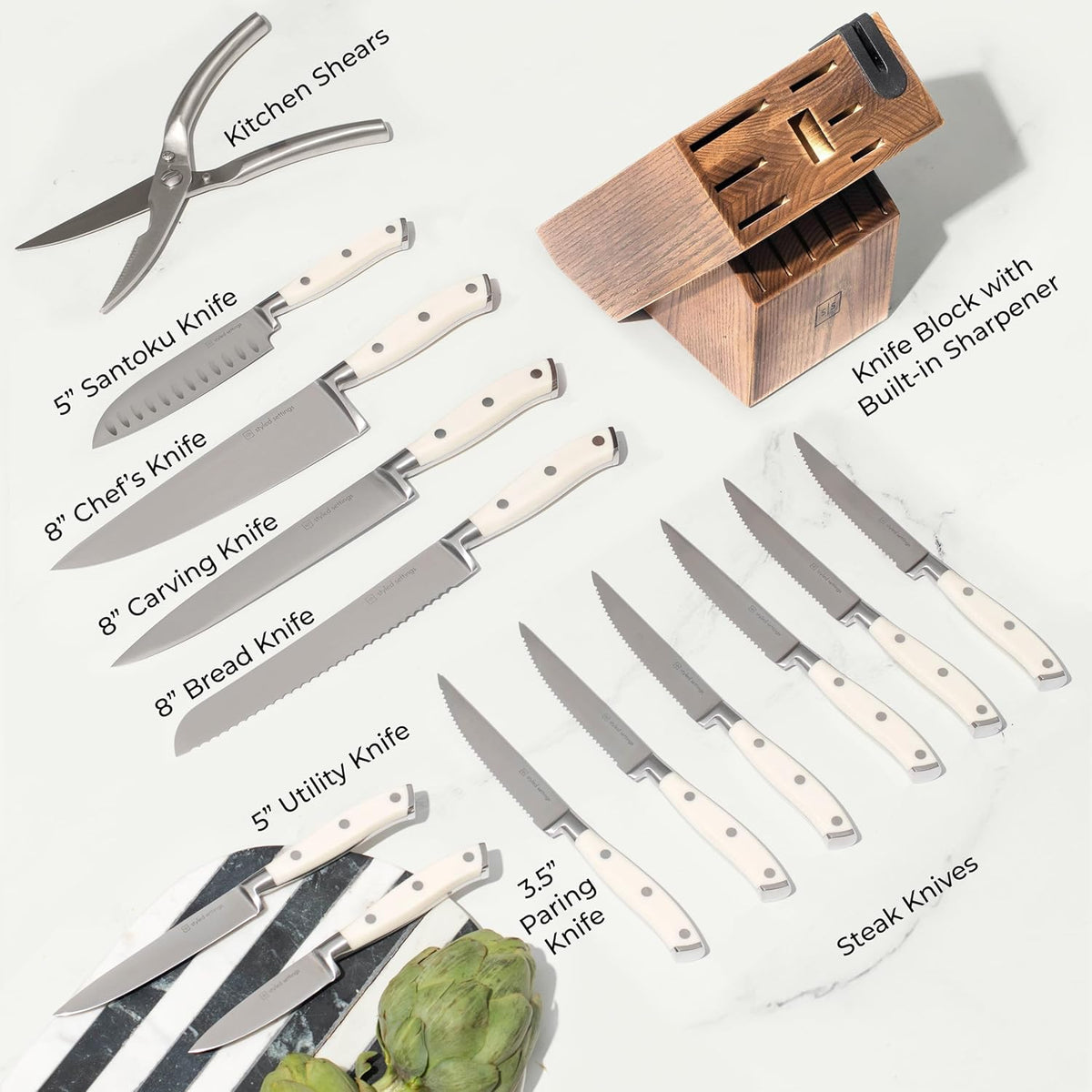 Black and Gold Knife Set with Block and Sharpener – 14-Piece Full Tang Golden Knives with Self-Sharpening Knife Block – Gold Kitchen Accessories for Cooking and Prepping; Ideal for Gifting