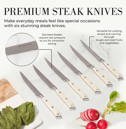 Black and Gold Knife Set with Block and Sharpener – 14-Piece Full Tang Golden Knives with Self-Sharpening Knife Block – Gold Kitchen Accessories for Cooking and Prepping; Ideal for Gifting