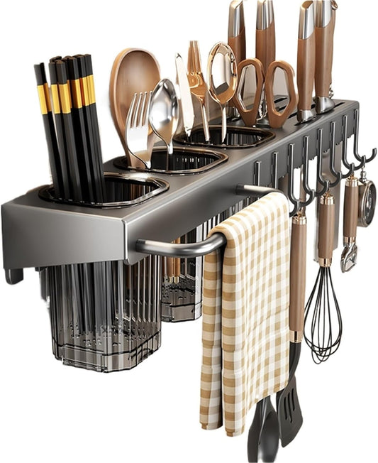 Wall Mounted Kitchen Organizer Knife and Cutlery Holder with Cooking Tools and Towel Hooks Space Saving Kitchen Storage Rack Heavy Duty, Easy to Install and Rust-Resistant(Gray)