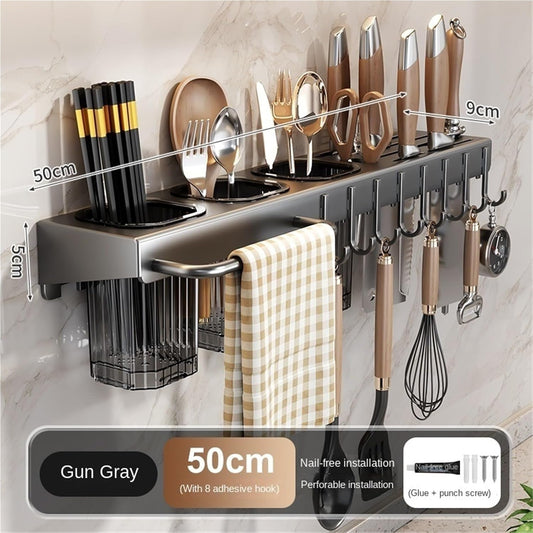 Wall Mounted Kitchen Organizer Knife and Cutlery Holder with Cooking Tools and Towel Hooks Space Saving Kitchen Storage Rack Heavy Duty, Easy to Install and Rust-Resistant(Gray)