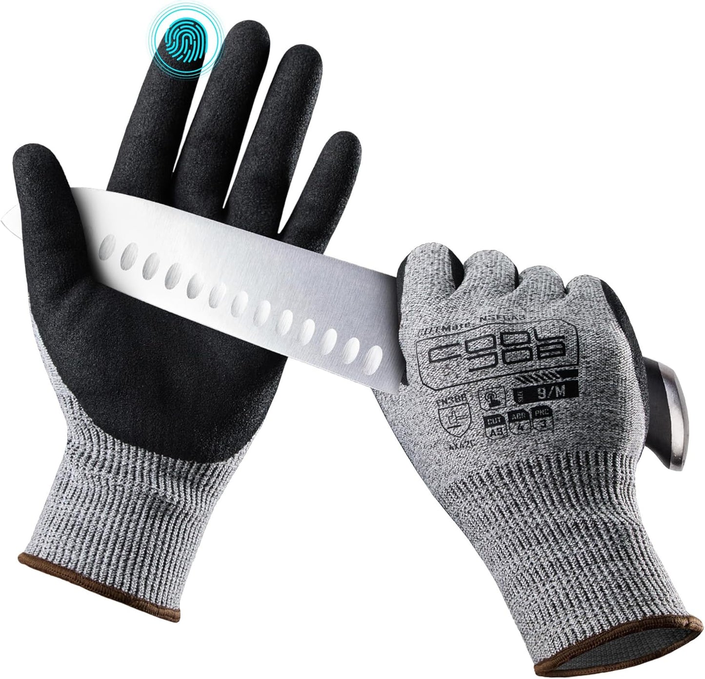 A3 Cut Resistant Safety Work Gloves with Nitrile Grip, Touchscreen & Flexible for Gardening Fishing Construction