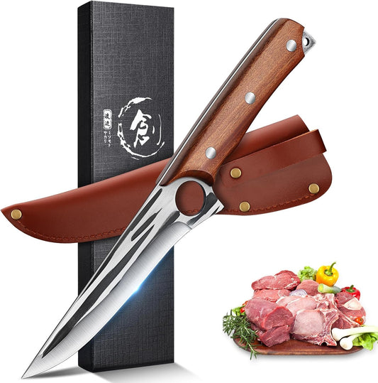 TOMBRO Damascus Boning Knife, 5.5" Full Tang with Rosewood Handle, Versatile Deboning & Meat Trimming Knife (6.5 Inches)