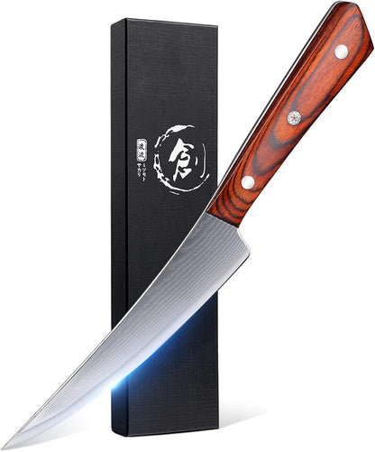 TOMBRO Damascus Boning Knife, 5.5" Full Tang with Rosewood Handle, Versatile Deboning & Meat Trimming Knife (6.5 Inches)