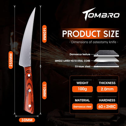 TOMBRO Damascus Boning Knife, 5.5" Full Tang with Rosewood Handle, Versatile Deboning & Meat Trimming Knife (6.5 Inches)