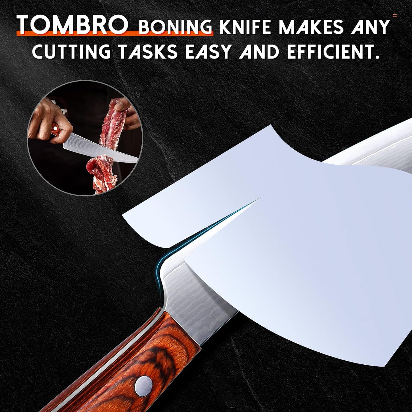 TOMBRO Damascus Boning Knife, 5.5" Full Tang with Rosewood Handle, Versatile Deboning & Meat Trimming Knife (6.5 Inches)