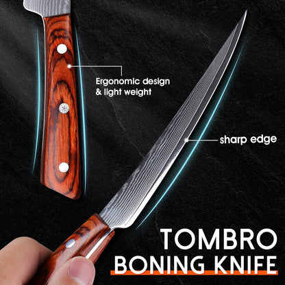 TOMBRO Damascus Boning Knife, 5.5" Full Tang with Rosewood Handle, Versatile Deboning & Meat Trimming Knife (6.5 Inches)