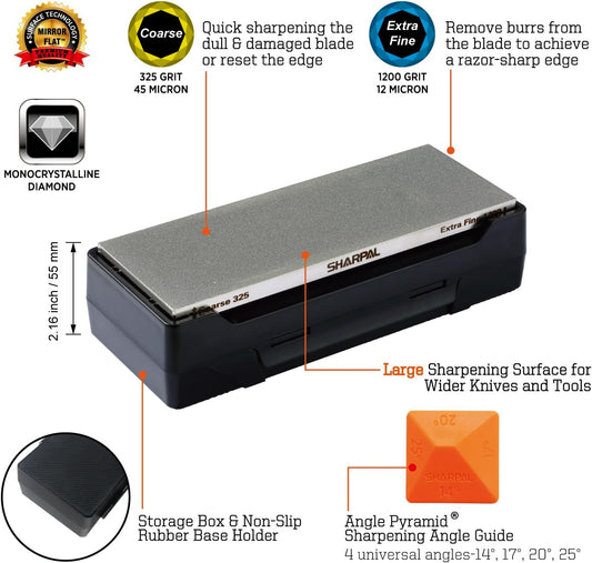 162N Double-sided Diamond Sharpening Stone, 8 in. x 3 in. | Coarse 325 / Extra Fine 1200 Grit, Storage Case with NonSlip Base, Angle Guide, Knife Sharpener