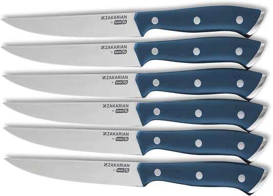Zakarian Steak Knives Set of 6, Non-Serrated Straight Edge Steak Knife Set, High-Carbon German Stainless Steel, Full-Tang Forged, Dishwasher Safe, Black